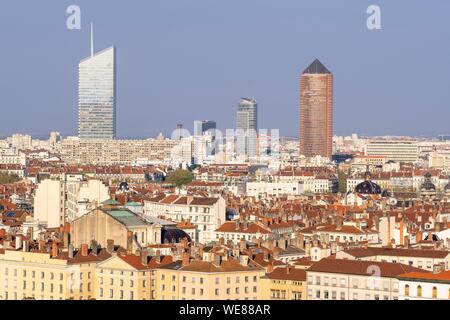 France, Rhone, Lyon, historic district listed as a UNESCO World Heritage site, panorama of La Presqu'île district, Part-Dieu tower (or the pencil) and Incity tower (or eraser) in the background Stock Photo
