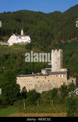 Italy, autonomous province of Bolzano, Val Venosta, Marienberg abbey perched on the side of a green mountain above the castle Furstenburg Stock Photo