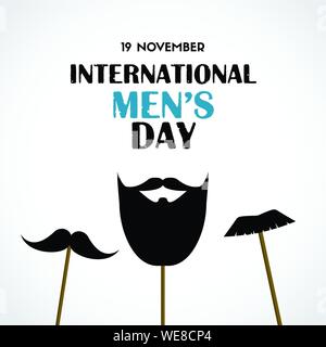 International mens day vector greeting card with party masks beard and mustache on sticks Stock Vector