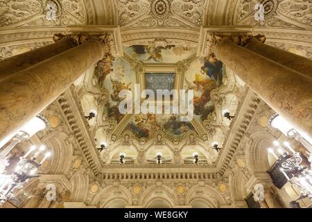 France, Paris, Garnier opera house (1878) under the architect Charles Garnier in eclectic style, the ceiling of the nave of the Grand staircase Stock Photo