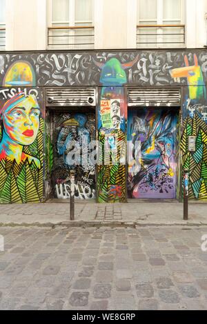 France, Paris, street art, graffitis and murals in Rue Denoyez Stock Photo
