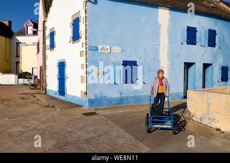 France, Finistere, Iroise Sea, Iles du Ponant, Parc Naturel Regional d'Armorique (Armorica Regional Natural Park), Ile de Sein, labelled Les Plus Beaux de France (The Most Beautiful Village of France), without a car on the island, luggage and equipment are transported with carts Stock Photo