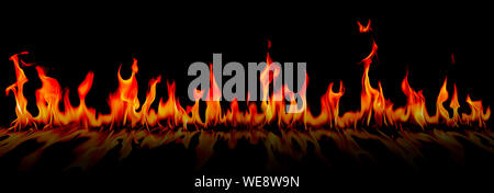 Fire flames on Abstract art black background, Burning red hot sparks rise, Fiery orange glowing flying particles Stock Photo