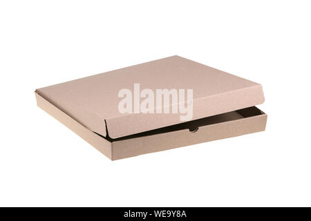 Empty pizza cardboard box isolated on white background. Stock Photo
