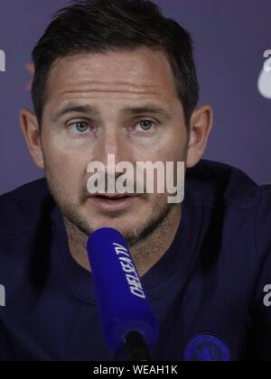 Cobham, UK. 30th Aug, 2019. Cobham, Surrey, UK., . Frank Lampard, Chelsea Football Club Manager addresses the media about Chelsea's Premier League match against Sheffield United FC at Stamford Bridge on Saturday. 31st. August, 2019 Credit: Motofoto/Alamy Live News Stock Photo