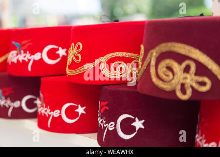 National Turkish men's hat red with a star and a crescent. Stock Photo