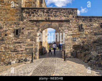 External facades of buildings and fortifications at Edinburgh Castle on July 29, 2017 in Edinburgh Scotland. Edinburgh Castle is full of many ancient Stock Photo