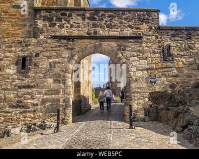 External facades of buildings and fortifications at Edinburgh Castle on July 29, 2017 in Edinburgh Scotland. Edinburgh Castle is full of many ancient Stock Photo