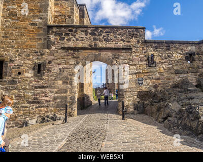 External facades of buildings and fortifications at Edinburgh Castle on July 29, 2017 in Edinburgh Scotland. Edinburgh Castle is full of many ancient Stock Photo