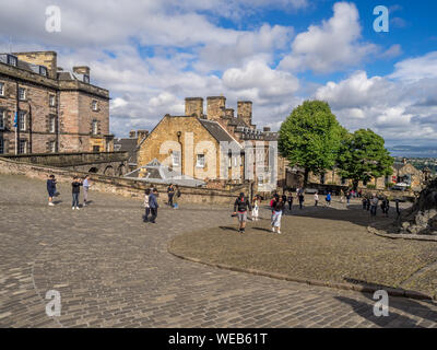 External facades of buildings and fortifications at Edinburgh Castle on July 29, 2017 in Edinburgh Scotland. Edinburgh Castle is full of many ancient Stock Photo