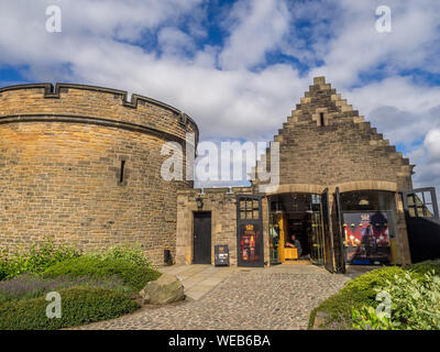 External facades of buildings and fortifications at Edinburgh Castle on July 29, 2017 in Edinburgh Scotland. Edinburgh Castle is full of many ancient Stock Photo