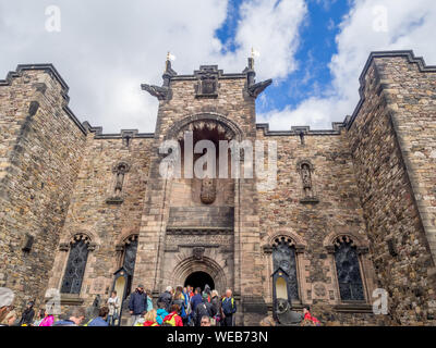 External facades of buildings and fortifications at Edinburgh Castle on July 29, 2017 in Edinburgh Scotland. Edinburgh Castle is full of many ancient Stock Photo