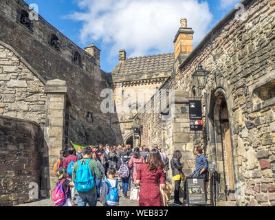 External facades of buildings and fortifications at Edinburgh Castle on July 29, 2017 in Edinburgh Scotland. Edinburgh Castle is full of many ancient Stock Photo