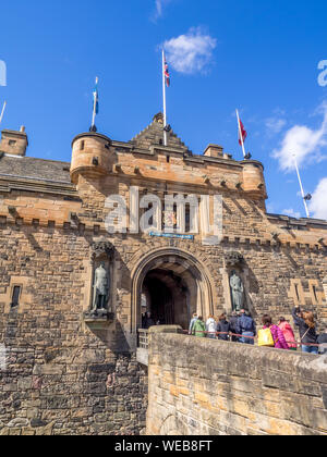 External facades of buildings and fortifications at Edinburgh Castle on July 29, 2017 in Edinburgh Scotland. Edinburgh Castle is full of many ancient Stock Photo