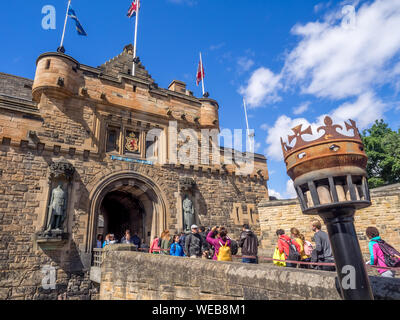 External facades of buildings and fortifications at Edinburgh Castle on July 29, 2017 in Edinburgh Scotland. Edinburgh Castle is full of many ancient Stock Photo