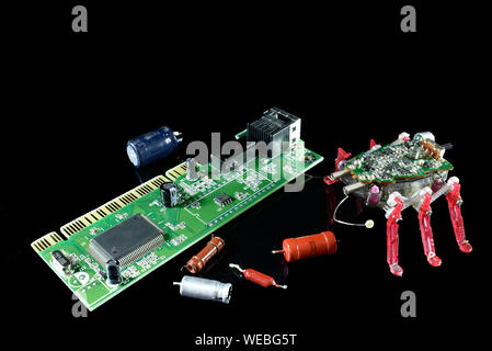 Electronic insect , computer bug , sitting near a circuit board with electronic components aside , conceptual image about internet security Stock Photo