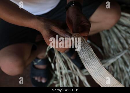 (190830) -- HANOI, Aug. 30, 2019 (Xinhua) -- A local villager spreads dried palm leaves to make traditional conical hats in the Chuong village on the outskirts of Hanoi, capital of Vietnam on Aug. 29, 2019. Vietnam's traditional conical hats are mostly made from bamboo and palm leaves, and they are among the country's most impressive traditional costumes. People in the Chuong village have been making conical hats for about 400 years. The locals buy green palm leaves from other provinces, dry them in the sun and iron and bleach the leaves into flat slices. They then use thin strings to fix laye Stock Photo