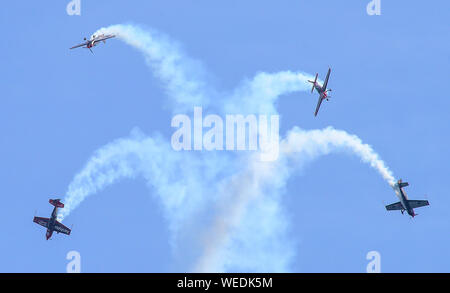 Bournemouth, UK, 30th August 2019. The Blades Aerobatic Display Team perform above Bournemouth Beach at this years Bournemouth Air Festival. Credit Stuart Martin/Alamy Live News Stock Photo