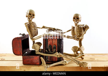 Skeleton pirate sitting on a treasure chest and old wood floor isolated on white background. Stock Photo