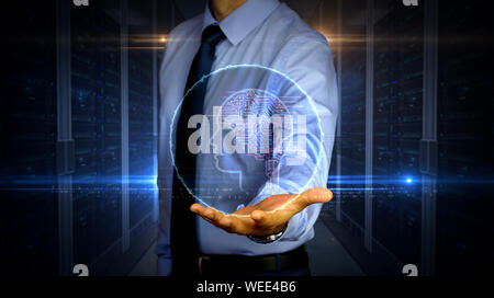 Man with dynamic artificial intelligence symbol hologram on hand. Businessman and futuristic concept of cybernetic brain, deep learning and cyber mind Stock Photo