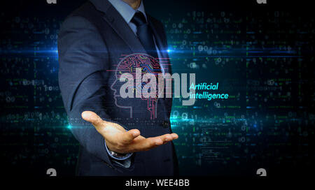 A businessman in a suit touch the screen with artificial intelligence hologram. Man using hand on virtual display interface. Cybernetic brain, deep le Stock Photo