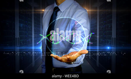 Man with dynamic biotechnology and DNA helix hologram on hand. Businessman and futuristic concept of bioinformatics, science, biology, chemistry and r Stock Photo