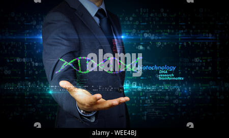 A businessman in a suit touch screen with biotechnology DNA helix hologram. Man using hand on virtual display interface. Bioinformatics, science, biol Stock Photo