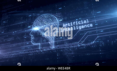 Artificial intelligence symbol hologram. Modern concept of deep learning, cybernetic brain and cyber mind technology on blue digital background 3d ill Stock Photo