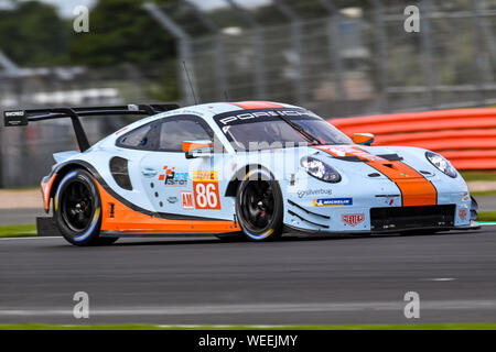 TOWCESTER, UNITED KINGDOM. 30th Aug, 2019. GULF RACING (GBR) - Porsche 911 RSR: Michael Wainwright (GBR) / Andrew Watson (GBR) / Benjamin Barker (GBR) during Free Practice 1 of FIA World Endurance Championship with 4 hours Silverstone at Silverstone Circuit on Friday, August 30, 2019 in TOWCESTER, ENGLAND. Credit: Taka G Wu/Alamy Live News Stock Photo