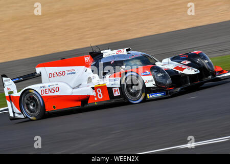 TOWCESTER, UNITED KINGDOM. 30th Aug, 2019. TOYOTA GAZOO RACING (JPN) - Toyota TS050 - Hybrid: S?bastien Buemi (CHE) / Kazuki Nakajima (JPN) / Brendon Hartley (NZL) during Free Practice 1 of FIA World Endurance Championship with 4 hours Silverstone at Silverstone Circuit on Friday, August 30, 2019 in TOWCESTER, ENGLAND. Credit: Taka G Wu/Alamy Live News Stock Photo