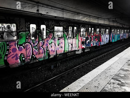 Rome, Italy, subway, underground train graffiti Stock Photo