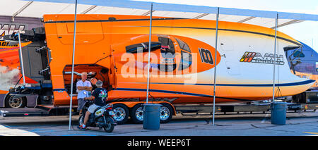 2019 Super boat Great Lakes Grand Prix Day 1, Dry Pits AMH Super Boat on Trailer with engine exposed. Stock Photo