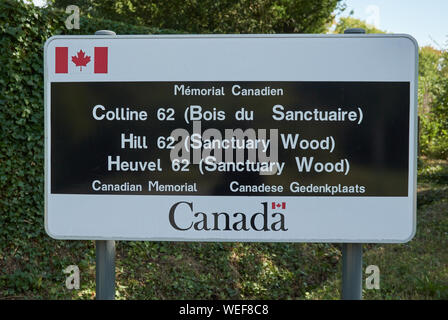 Tourist sign post for Hill 62, Sanctuary Wood Near Passchendaele. Belgium Stock Photo
