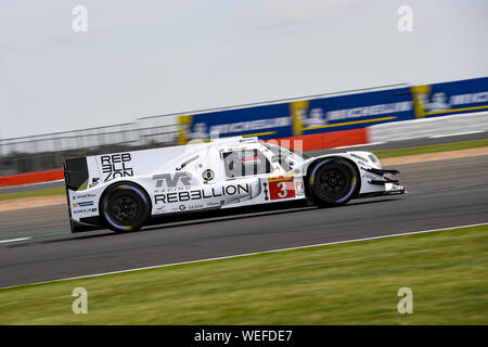 TOWCESTER, UNITED KINGDOM. 30th Aug, 2019. REBELLION RACING (CHE) - Rebellion R13 - Gibson: Nathana?l Berthon (FRA) Pipo Derani (BRA) / Loic Duval (FRA) during Free Practice 1 of FIA World Endurance Championship with 4 hours Silverstone at Silverstone Circuit on Friday, August 30, 2019 in TOWCESTER, ENGLAND. Credit: Taka G Wu/Alamy Live News Stock Photo