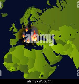 Forest fires banner, fire place on map, disaster news, paper that burns smokes and smolders from fire, vector illustration. Stock Vector