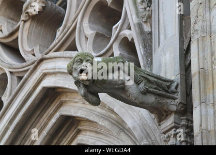 Gargoyle statue, weathered with green moss, Carcassonne medieval City,  Basilica of Saints Nazarius and Celsus, France, Europe. French travel Stock Photo