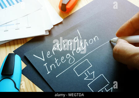Man is writing about Vertical Integration. Stock Photo