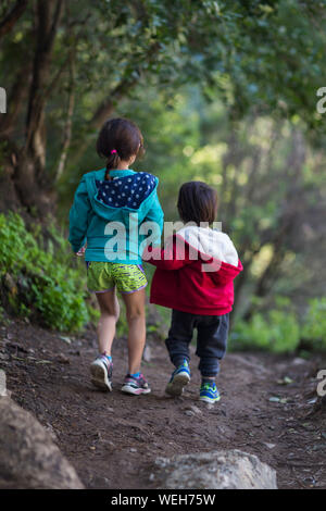Brother and Sister (2 and 5 years) walking hand in hand down sidewalk ...