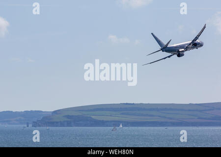 Bournemouth, UK. 30th August 2019. P-8A Poseidon Surveillance Aircraft - Boeing plane specifically developed for the US Navy and modified from the Boeing 737-800 does fly past at Bournemouth Air Festival with its wing span of nearly 40 meters, powered by two turbo fans.  Credit: Carolyn Jenkins/Alamy Live News Stock Photo