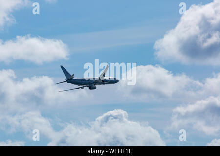 Bournemouth, UK. 30th August 2019. P-8A Poseidon Surveillance Aircraft - Boeing plane specifically developed for the US Navy and modified from the Boeing 737-800 does fly past at Bournemouth Air Festival with its wing span of nearly 40 meters, powered by two turbo fans.  Credit: Carolyn Jenkins/Alamy Live News Stock Photo