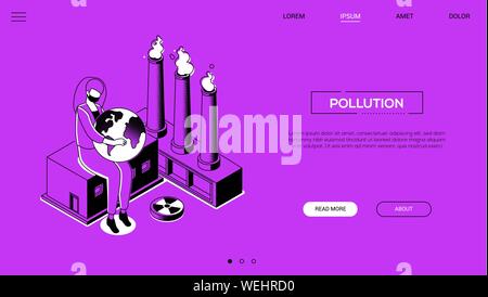 Pollution - line design style isometric web banner on purple background with copy space for text. A header with a woman in a face mask holding a globe Stock Vector