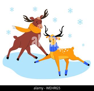 Cute elk and deer on ice - flat design style illustration with cartoon characters on white background. A composition with wild animals in scarves slid Stock Vector