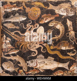 Roman wall mosaic from Pompeii depicting Mediterranean marine life, now at the Naples Archaeological Museum. Naples, Italy Stock Photo