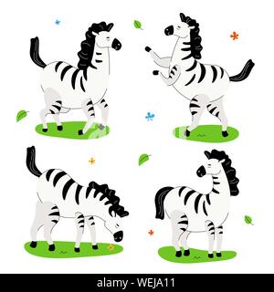 Cute zebra - flat design style set of cartoon characters isolated on white background. A collection with a cheerful African wild animal in motion, in Stock Vector