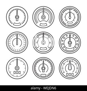 Set of Measuring device drawn by lines, contour and outline style design. Icons for medicine, transport, technology, construction, engineering and Stock Vector