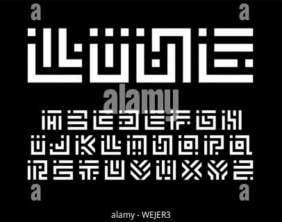 Dot and dash line letters set, geometric maze symbols. Square blocks vector latin alphabet. Digital lock, stylized keyhole letters. Abstract Stock Vector