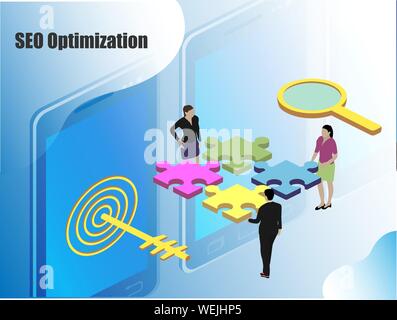 Flat infographic with seo for marketing design. Isometric people vector. Seo, great design for any purposes. Stock Vector