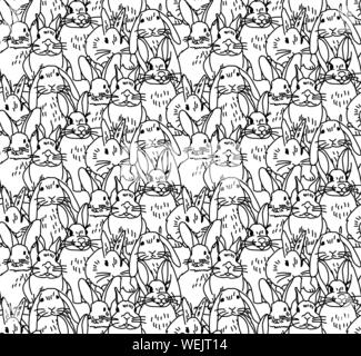 Big group rabbits seamless pets animal pattern black line. Monochrome vector illustration EPS8 Stock Vector