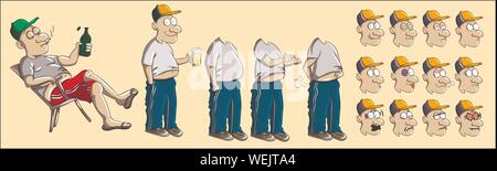 European driver character drawing with different facial expressions and body poses. Cartoon man with blue jeans tracksuit and white shirt and a beer Stock Vector