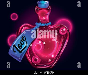 Love liquid in a jar - magic poison illustration for valentine's day. Recipe for attraction in a heart-shaped bottle. Neon fantasy light. Stock Vector